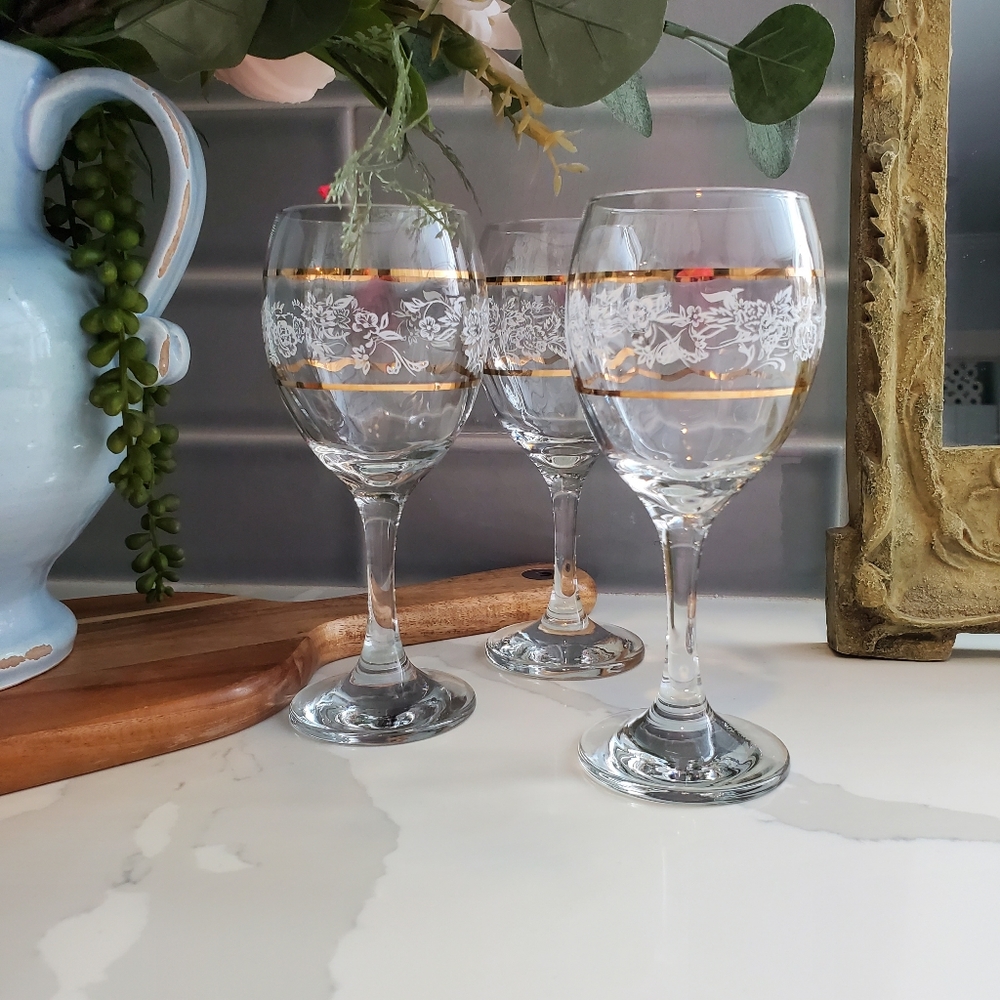 3 Vintage Pasabahce Wine Glasses Swirl with White Embossed Flowers and Gold Ring